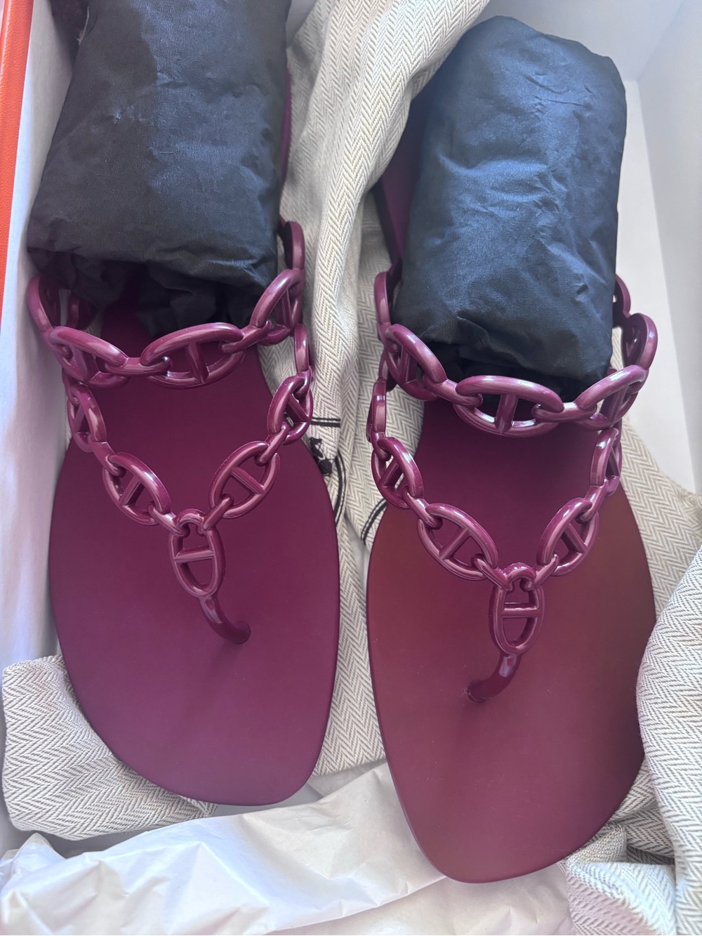 Hermes Plum Chain-Link Thong Sandals